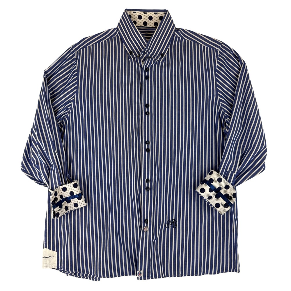 John Lennon Button Down Shirt Mens XXL Blue White Striped Polka Dot Contrast